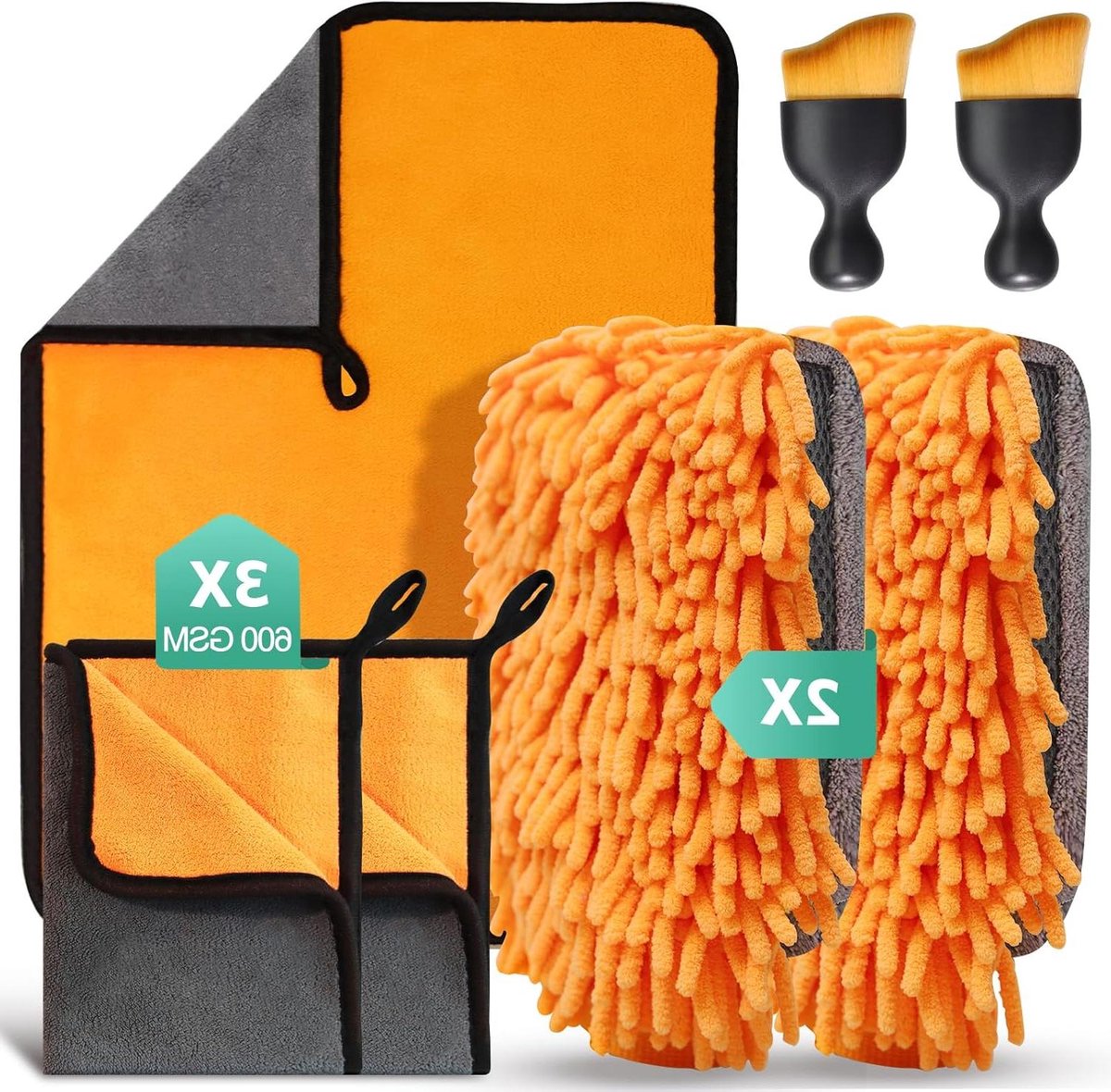 Autoreinigingsset 7 stuks - Reinigingskit auto - Auto poetsen - Inclusief borstels - 40 x 30 cm - Oranje