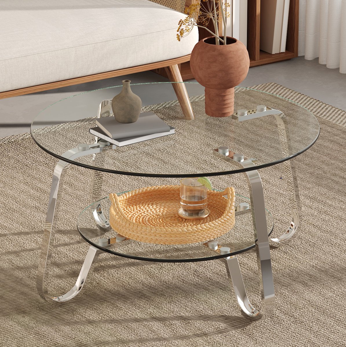 MODENUIT Salontafel - Rond Met Dubbel Glazen Blad - Voor Woonkamer - Metaal En Glas - 80x80x45 cm - Zilver