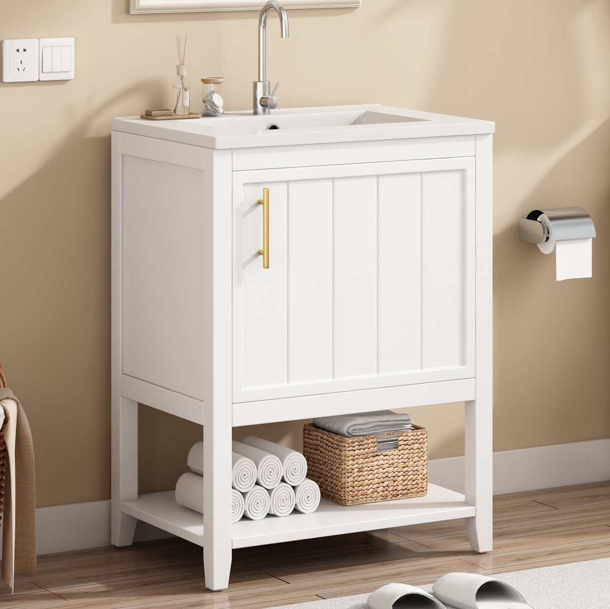 COVREO Badmeubel 61x47x87 cm wit, MDF met keramische wasbak en plank