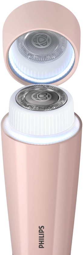 Roze Philips gezichtshaarverwijderaar met open kap en verlichte scheerkop.