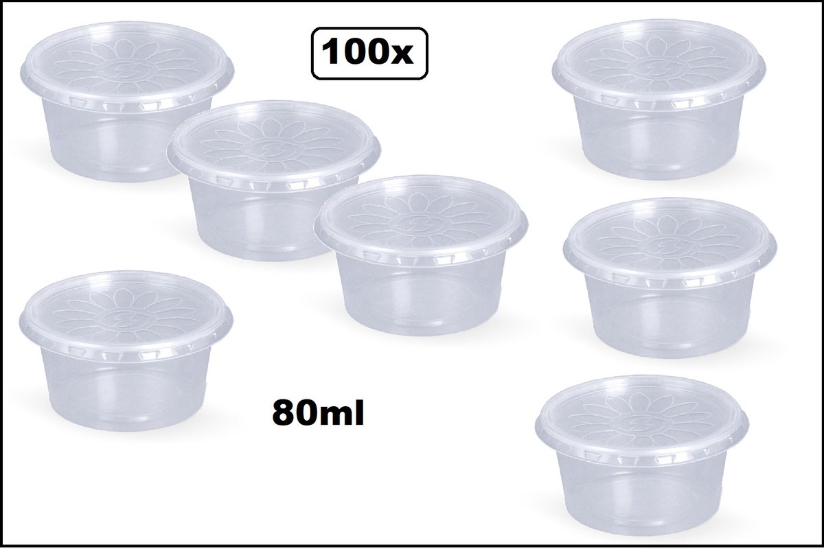 100 stuks transparante kleine bakjes met losse deksels voor saus, dips, salades en non-food - Voor restaurants, afhaalmaaltijden, catering enz. (80CC))
