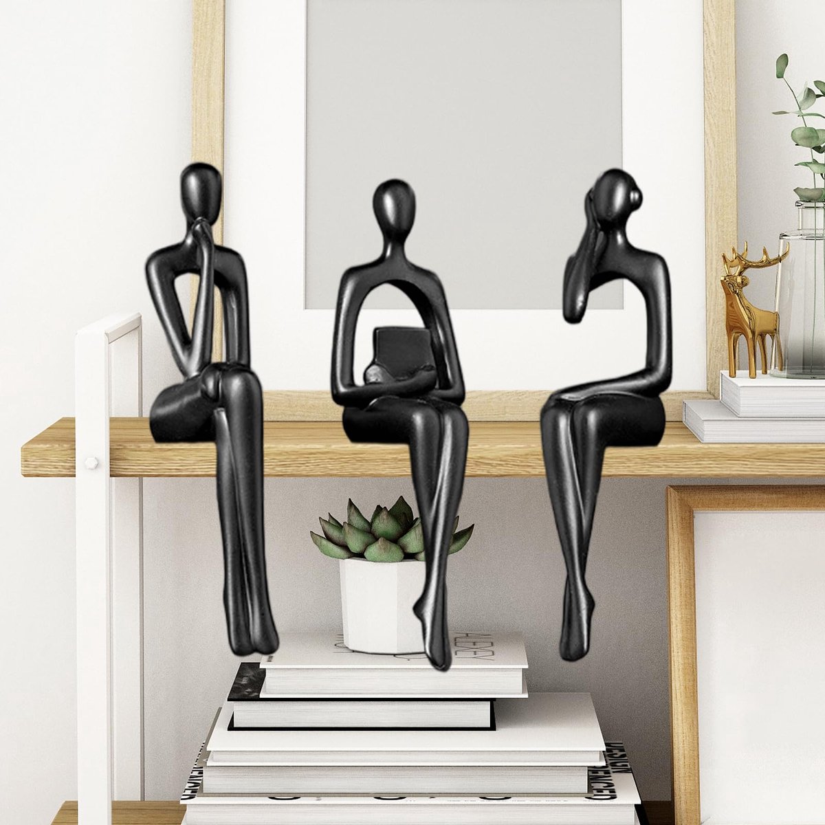 SnelShoppen - Zwarte Denker Standbeelden Set van 3, Decoratieve Sculpturen Abstracte Kunst, Moderne Hars Beeldjes voor Woonkamer, Kantoor, Bibliotheek