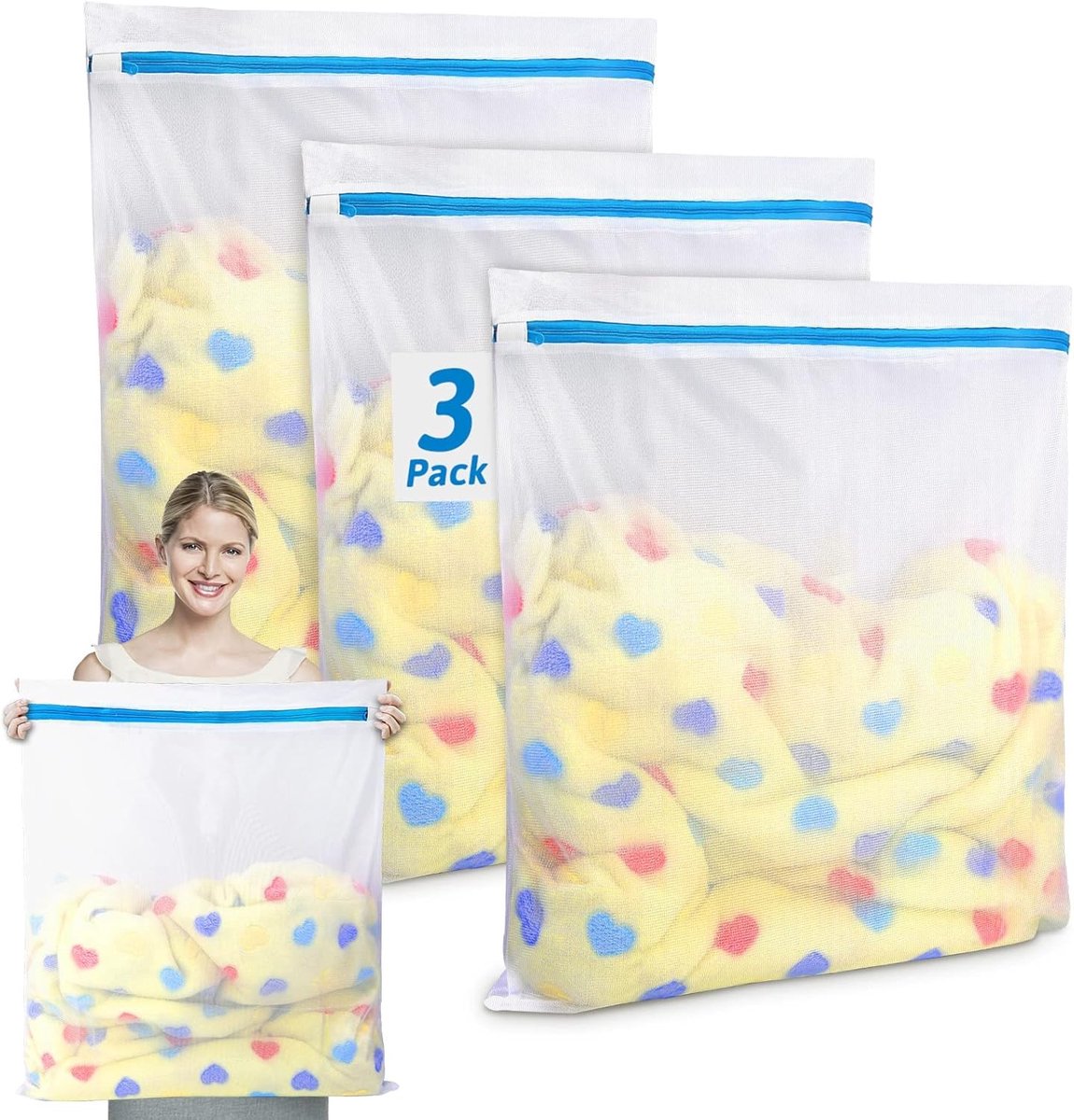 Waszakken voor de Wasmachine, Set van 3 Stuks, Ideaal voor Delicate Kleding, Schoenen en Babykleding, Extra Groot en Met Rits