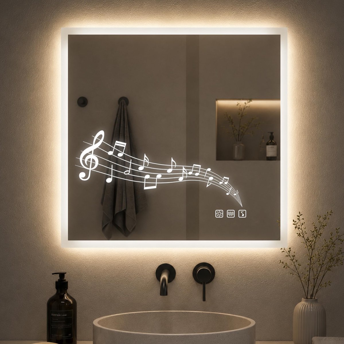 SnelShoppen - 800x800mm Smart LED Verlichte Vanity Badkamer Spiegel met Aluminium Frame, Touch Knop, Demister, Bluetooth Speaker, Waterdichte Vierkant