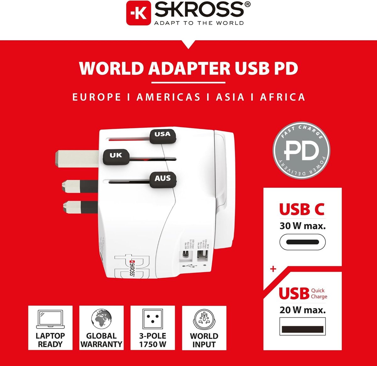 SnelShoppen - Wereld Reisadapter SKROSS PRO Light USB AC30PD - Compacte Reisstekker met Dubbele USB Poort en AC Stekker voor Wereldwijd Gebruik in Mee — cadeau in Gadgets - foto 4