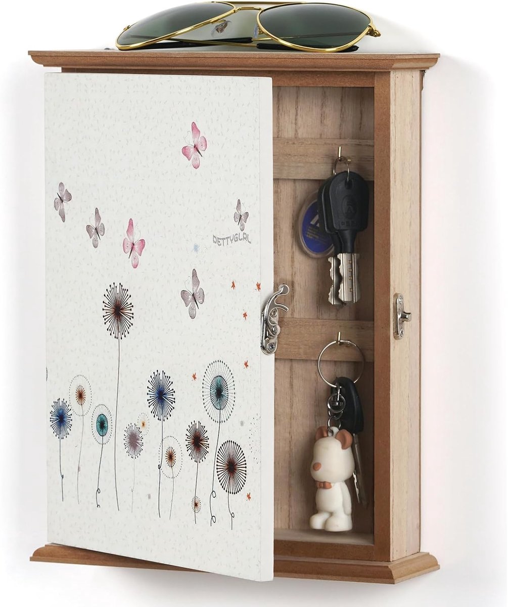 Houten Sleutelkastje Wandorganizer - Paardenbloem & Vlinder - 6 Haken - Wit