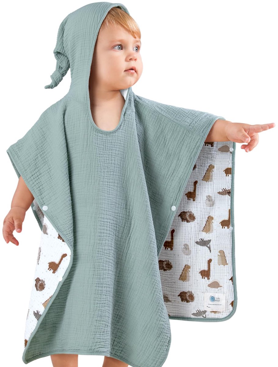 SnelShoppen - Badponcho Kinderen Capuchonhanddoek Baby 100% Mousseline Katoen 60 x 60 cm - Poncho Badhanddoek Kinderen Baby Saliegroen - Ideaal voor Z