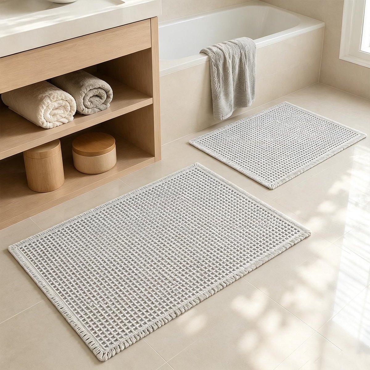 SnelShoppen - Badkamertapijt set van 2 stuks, antislip, wasbaar, boho grijs, badmatten, vl