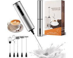 Elektrische Melkopschuimer - Handmixer Keuken - Koffie Lattes Maken - 5 Opzetstukken USB-C - 11.5 cm - Zilver