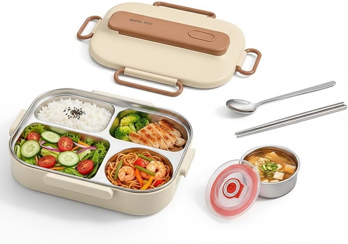 SnelShoppen - Broodtrommel voor Volwassenen 1500 ml, Soepkommen 250 ml, Bento Lunchbox, Lekvrij met 4 Vakken, Roestvrij Stalen Brooddoos, Snackbox voo