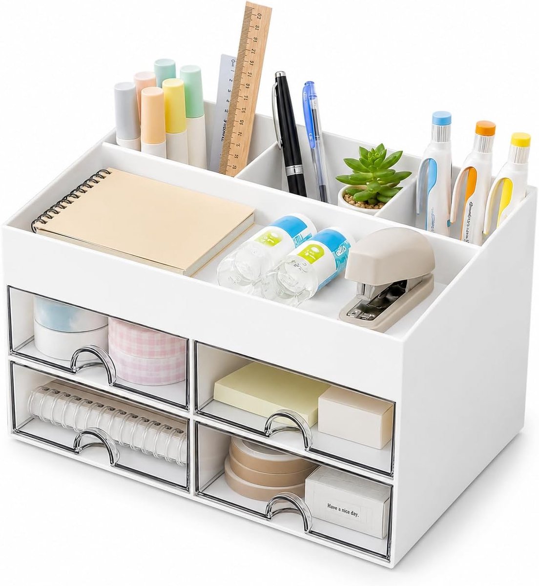 SnelShoppen - Bureau-organizer met 4 laden, compacte kantoor- en cosmetica-plank, transparante laden voor kantoorbenodigdheden, schrijfwaren en cosmet