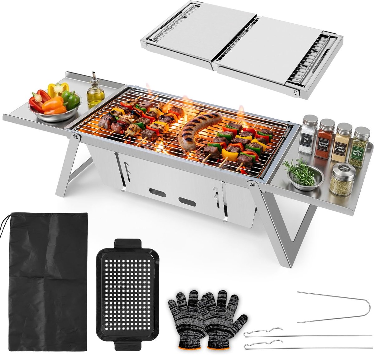 SnelShoppen - Campinggrill klapgrill houtskoolgrill 3-traps warmteinstelling mini-tafelgrill voor 3-4 personen ideaal voor tuin balkon strand en reize