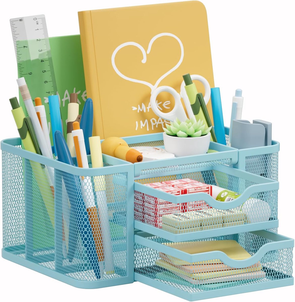 SnelShoppen - Marbrasse Bureau-organizer, multifunctionele pennenhouder met 2 laden, bureau-opbergaccessoires voor thuis en kantoor, blauwe kleur, ide