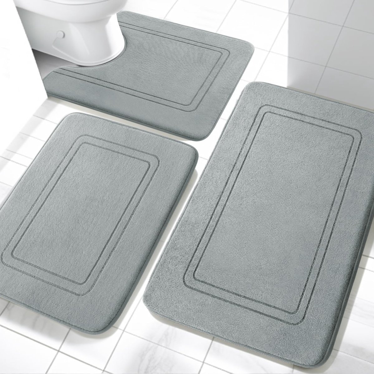 SnelShoppen - Badkamertapijt 3-delig set, zachte badmat van traagschuim, U-vormige toiletmat, antislip, wasbaar, grijs, ideaal voor badkamer, douche e