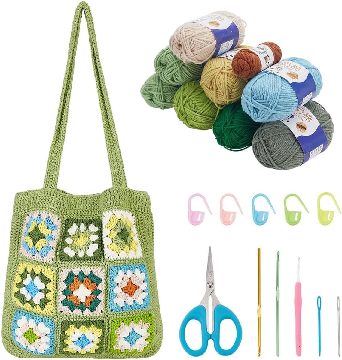 DIY Haak Tas Kit voor Volwassenen, Groene Haak Schoudertas met Granny Squares, Compleet met Instructies en Video, Perfect voor Beginners en Creatieve Projecten