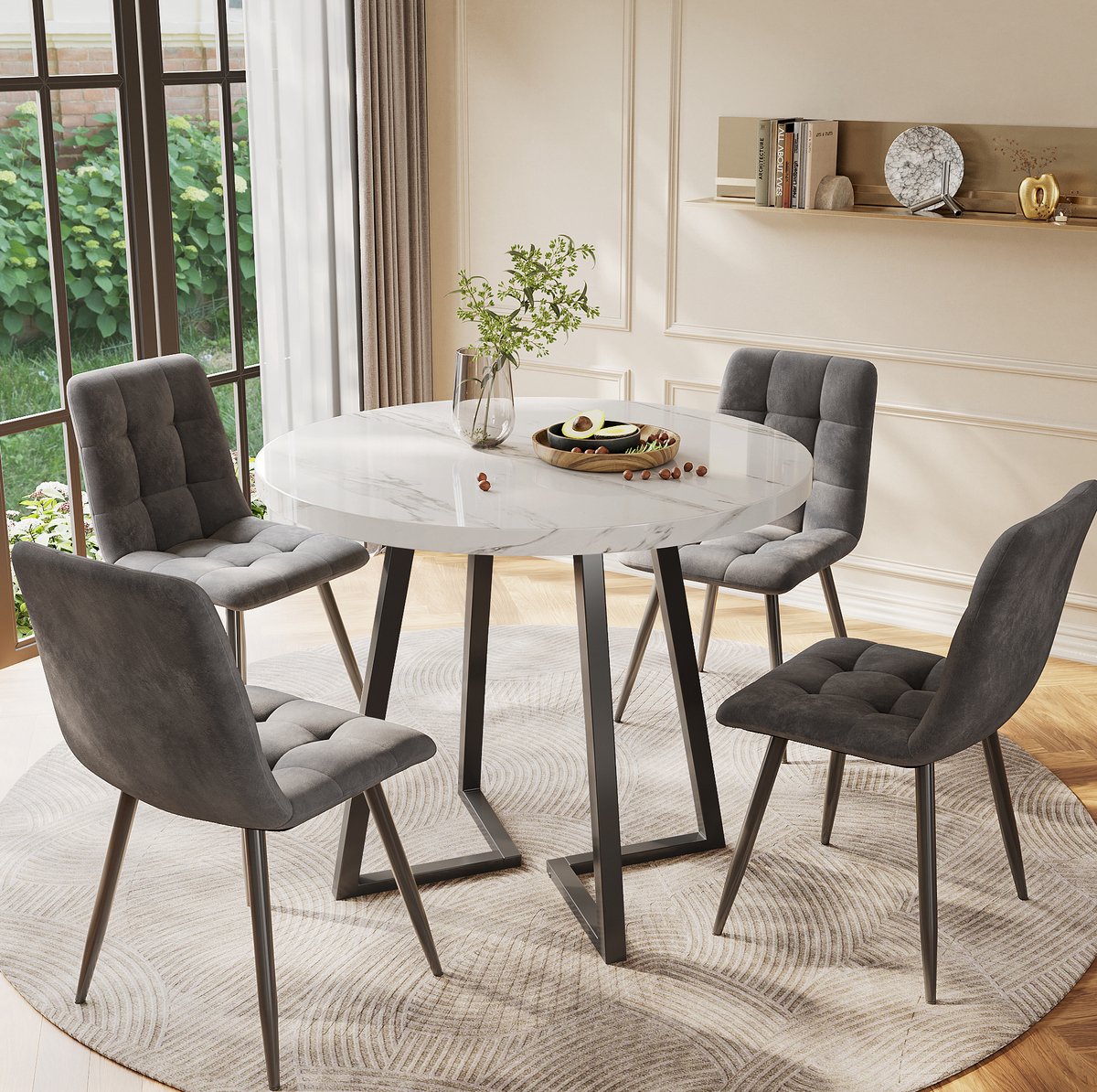 COVREO Set tafel en stoelen 80x80x75 cm wit en grijs, MDF 4 stoelen