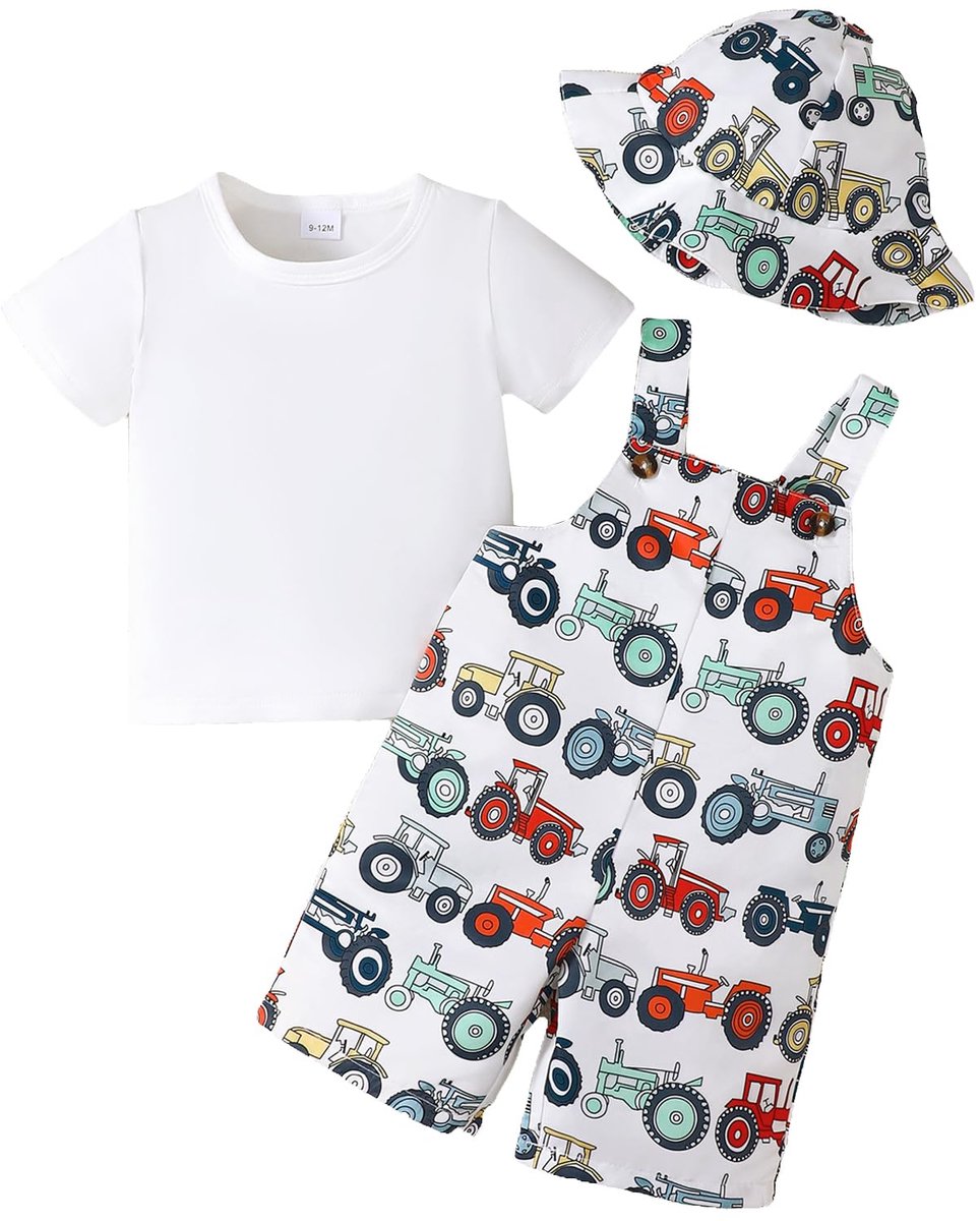SnelShoppen - Kleine Jongenskleding Zomer Outfit met Korte Mouwen, Bedrukte Beer, Auto's & Dinosaurussen, Bandjes Broek, Wit, 9-12 Maanden, Perfect vo