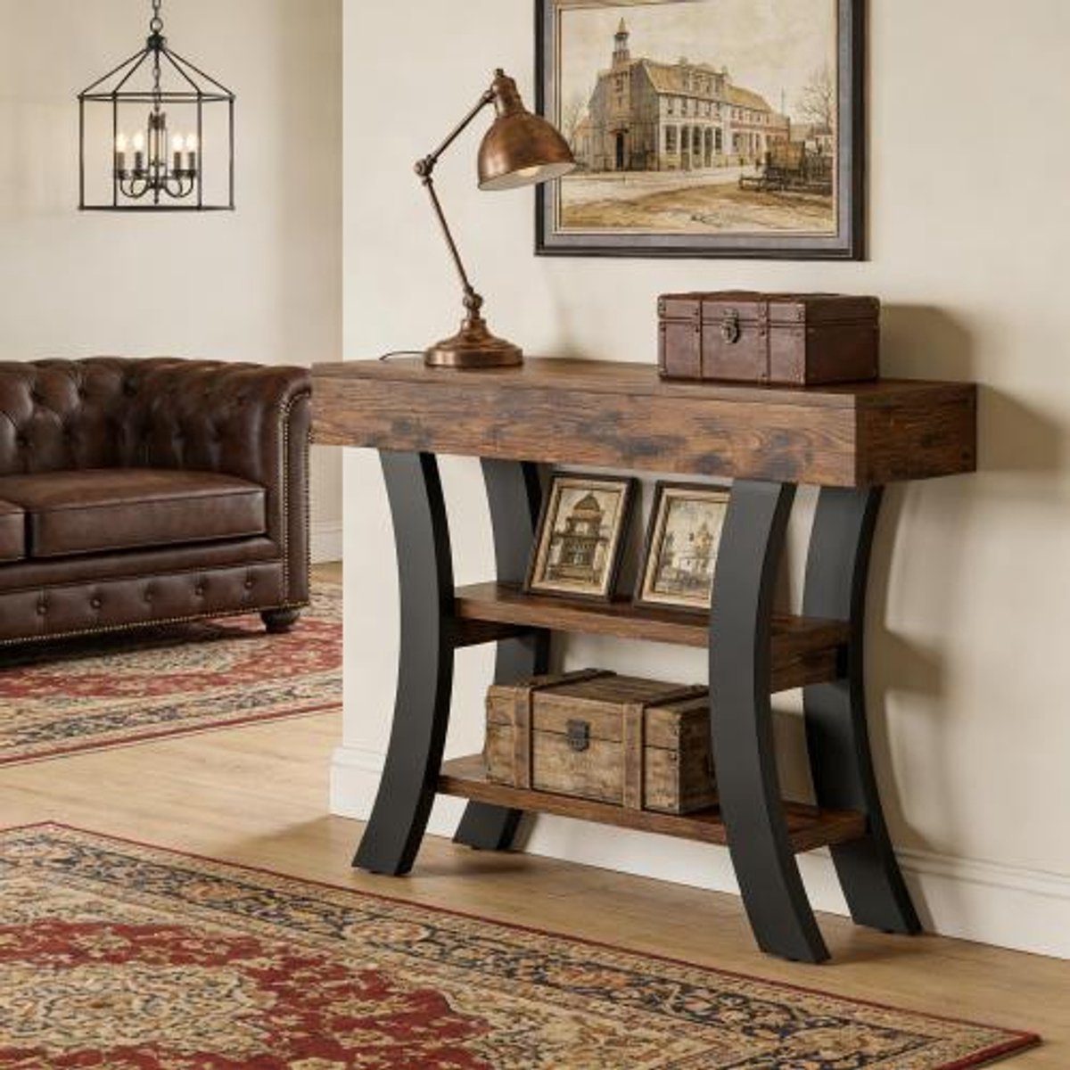 REDOM- Sidetable - Golvend ontwerp - 3 open opbergvakken - Verstelbare poten - Moderne stijl - Hal en woonkamer - MDF en metaal - Zwart en rustiek bruin - 105 x 30 x 80 cm