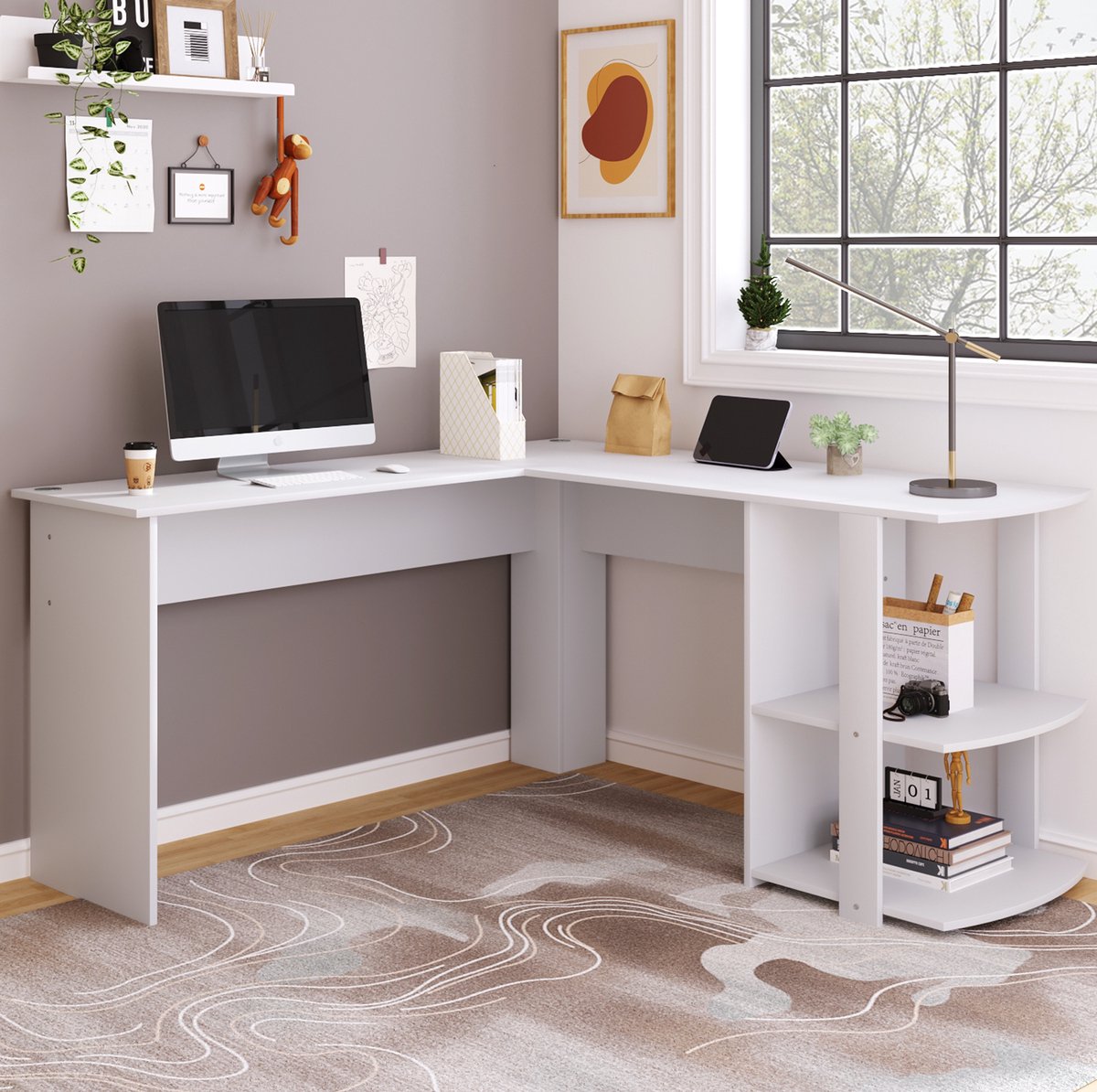 MODENUIT Hoekbureau - L-vorm Met 2 Open Planken En Kabeldoorvoeren - Voor Thuiskantoor - Wit - 140x140x75 Cm