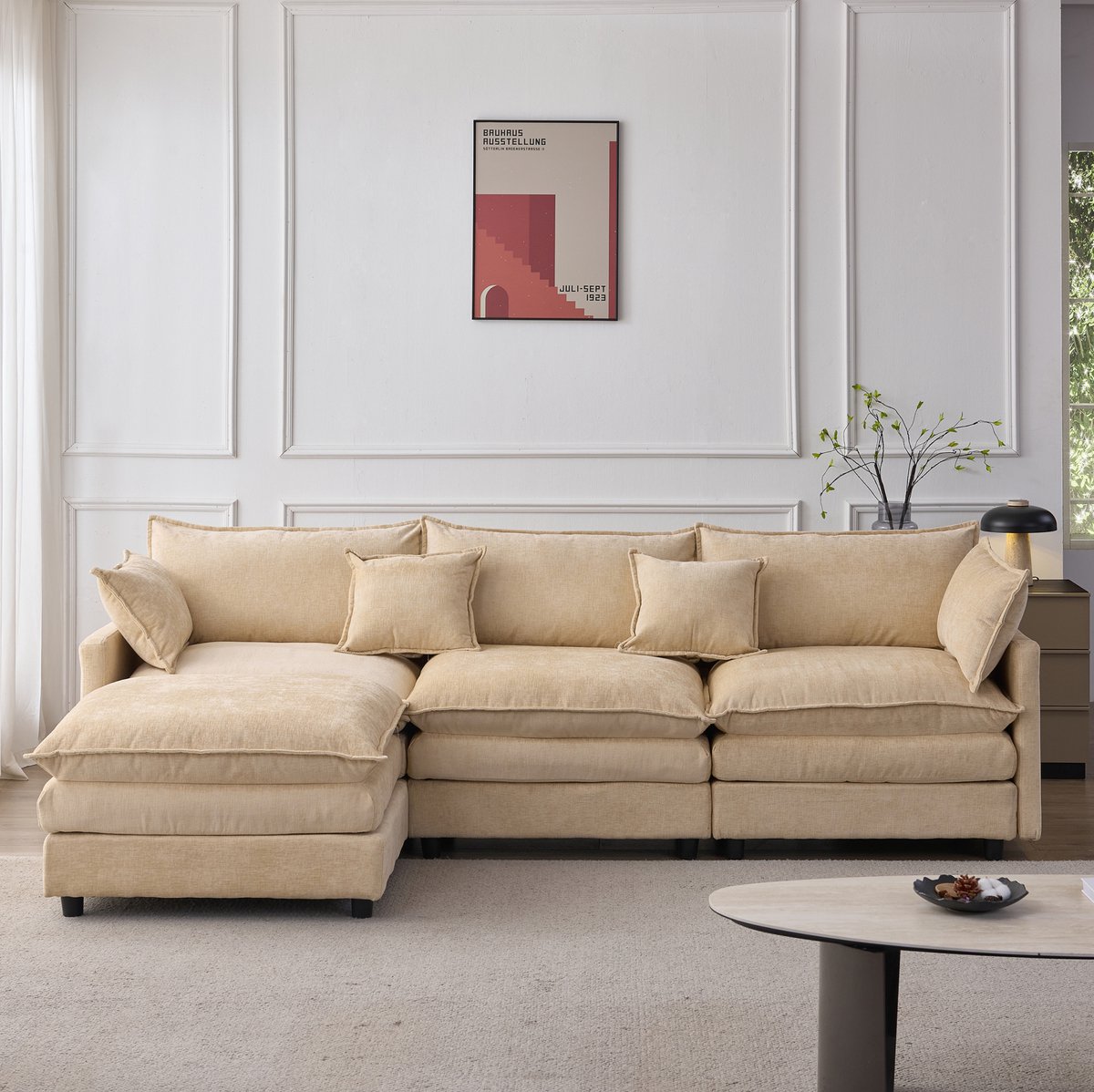 OKWISH Hoekbank 3-Zits Met Chaise Longue En Hocker - Modulair, Afneembare Hoezen En Zachte Chenille - Voor Woonkamer - Licht Koffie