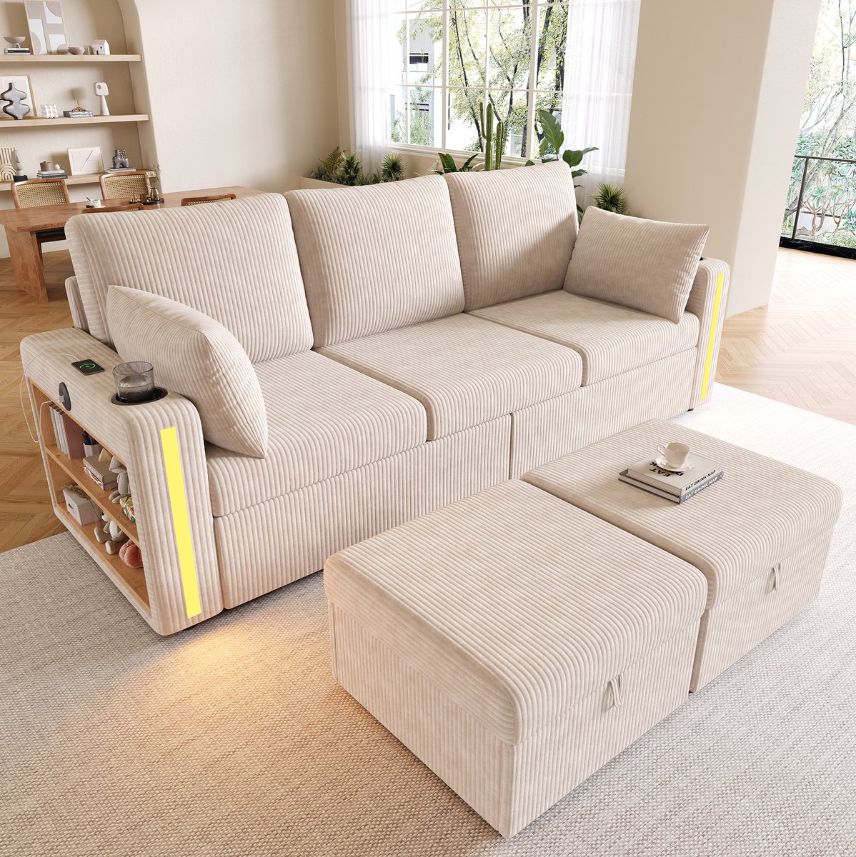 OKWISH U-Bank 190 x 130 x 85 cm - Modulaire U- En L-Opstelling Met Ledverlichting, USB-C En Opberghockers - Voor Woonkamer - Corduroy - Beige