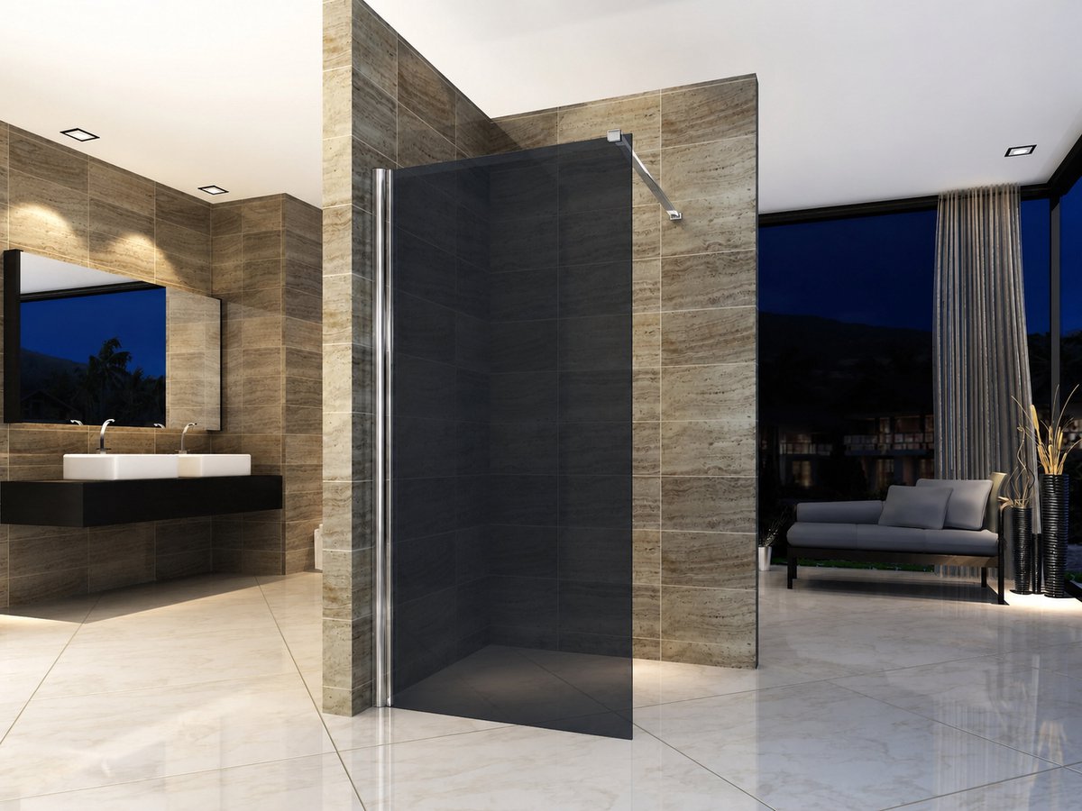H&F Inloopdouche Douchewand 140 x 200 cm – 8mm Getint glas met Anti-kalk Nano-coating | Vrijstaande Douchewand