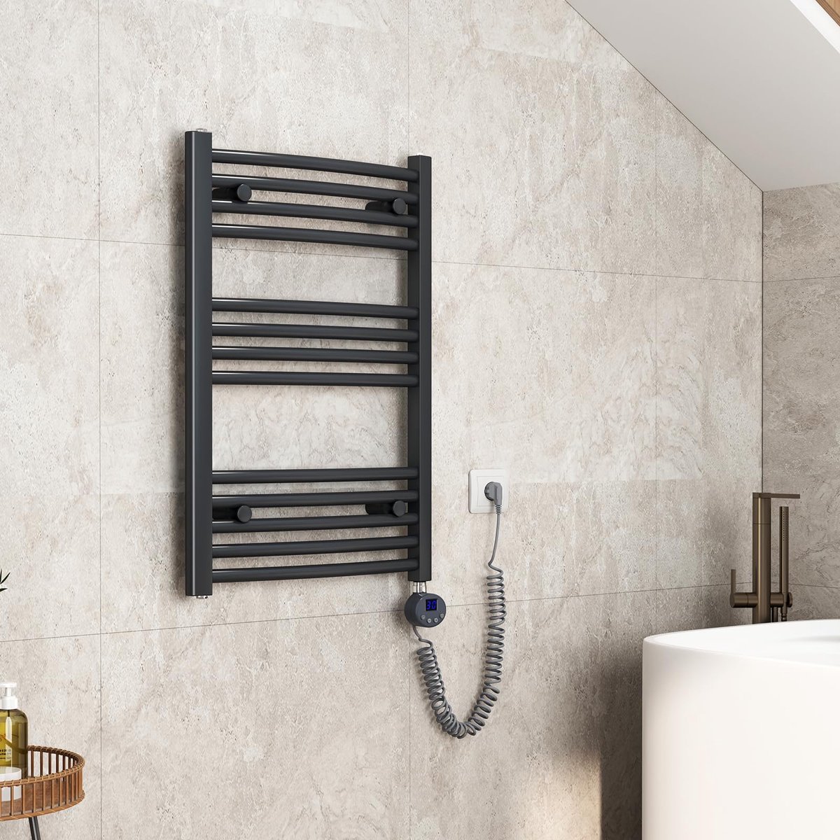 SnelShoppen - Elektrische Badkamerradiator 75 x 50 cm - Gebogen Handdoekradiator met Thermostaat, Handdoekwarmer en Timer - Antraciet 300 W voor Badka