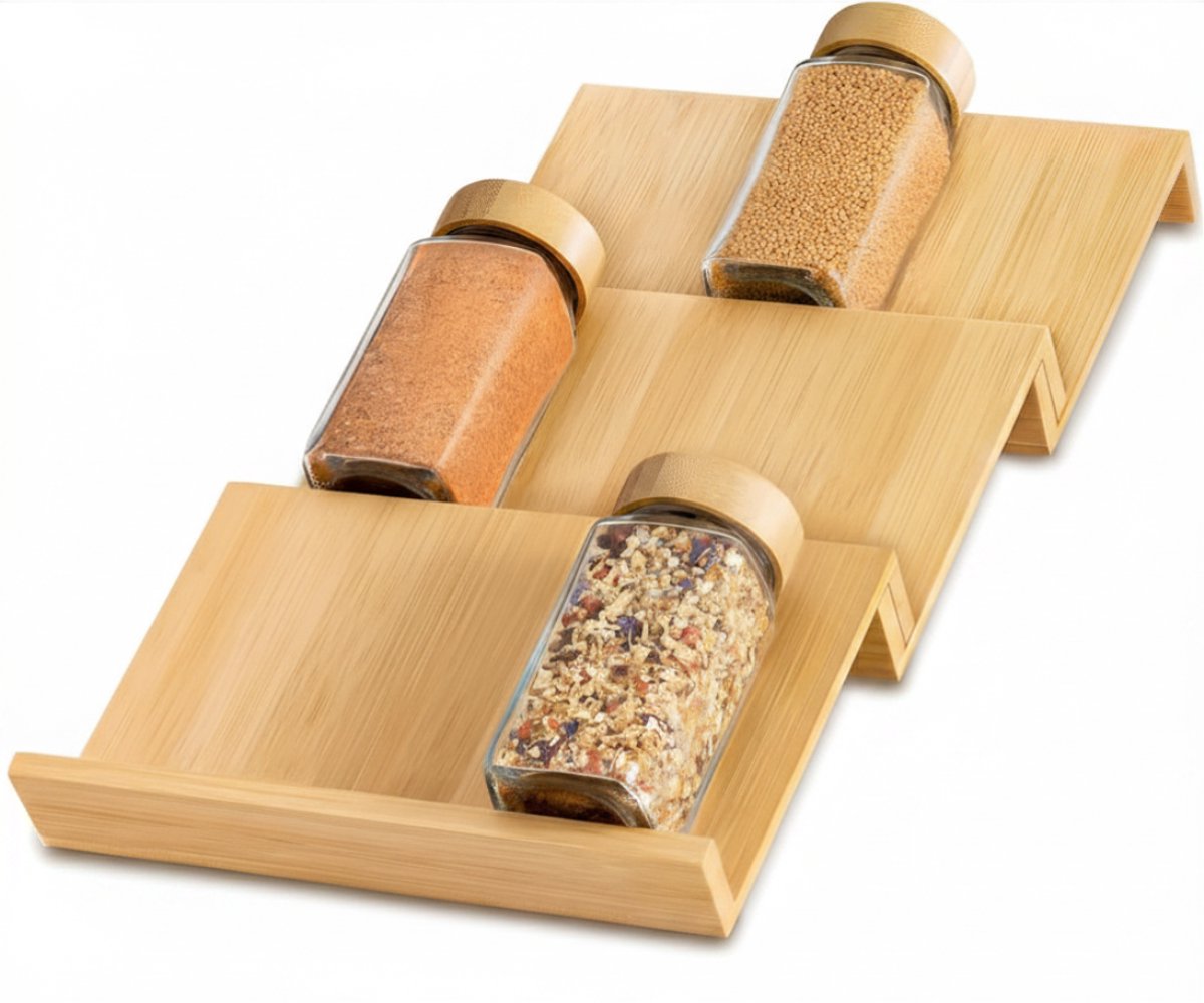 Ploutos® Kruidenpotjes - 12 kruidenpotjes - Kruidenrek Voor In De Lade Van Bamboe - Naturaal - 3cm x 13cm x 19cm