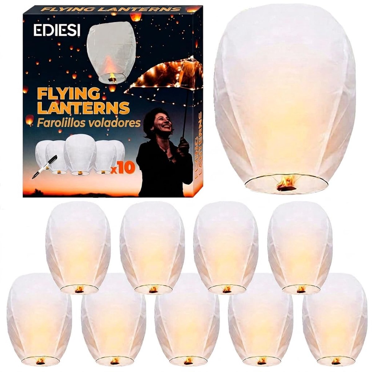 SnelShoppen - Vliegende Lantaarns van Papier - 10 Stuks - 100% Biologisch Afbreekbaar - Chinese Vliegende Kaarsen - Sky Lanterns met Marker voor Wense
