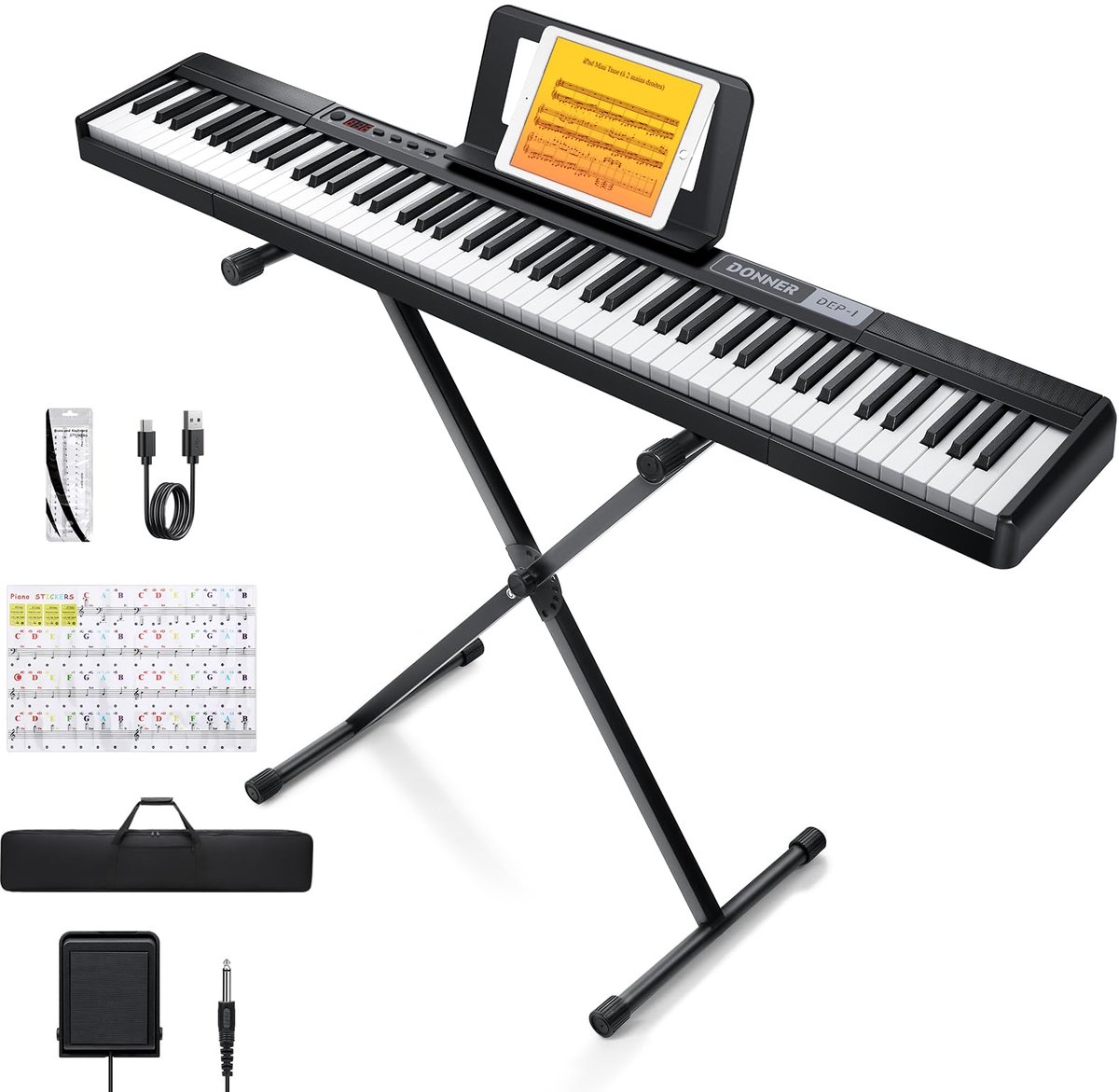 SnelShoppen - Donner Piano DEP-1 Digitale Keyboard met 88 Toetsen, Aanslagdynamische Toetsen, Draagbare E-piano met Standaard, Sustain Pedaal, Draagta