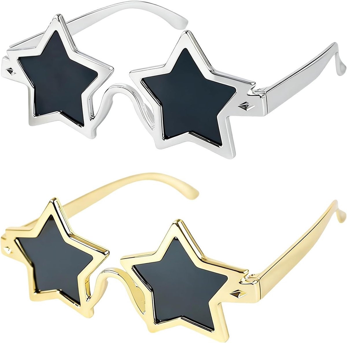 Set van 2 Stervormige Zonnebrillen - Pentagram Zonnebrillen voor Feestjes, Verkleedpartijen en Fotografie (Goud, Zilver)