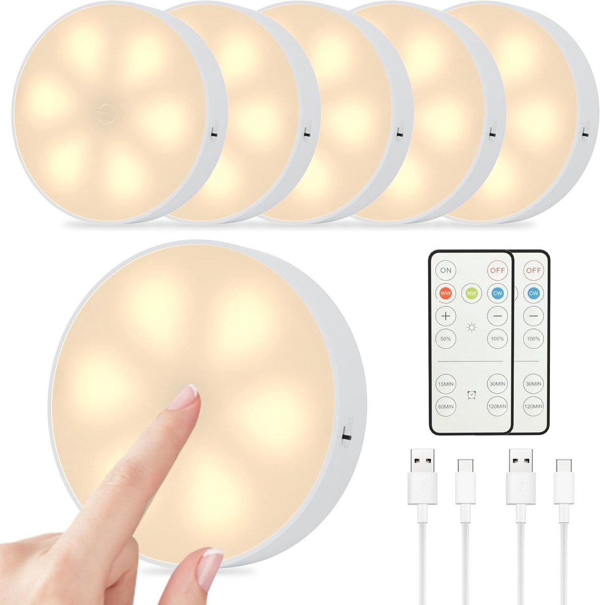 Set van 6 Dimbare LED Touch Lights voor Keuken, Hal en Trap - Oplaadbaar, USB-C, Magnetisch, 3 Kleuren met Afstandsbediening en Timer