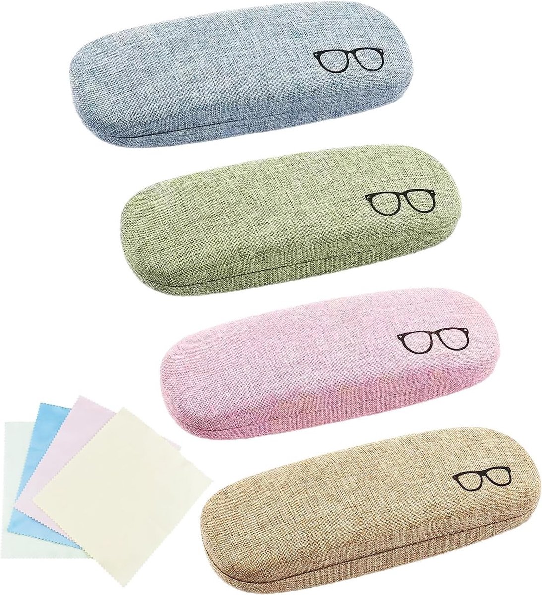 Hardcase voor Zonnebrillen en Leesbrillen - 4 Stuks met Schoonmaakdoekje, Multicolor en Één Maat