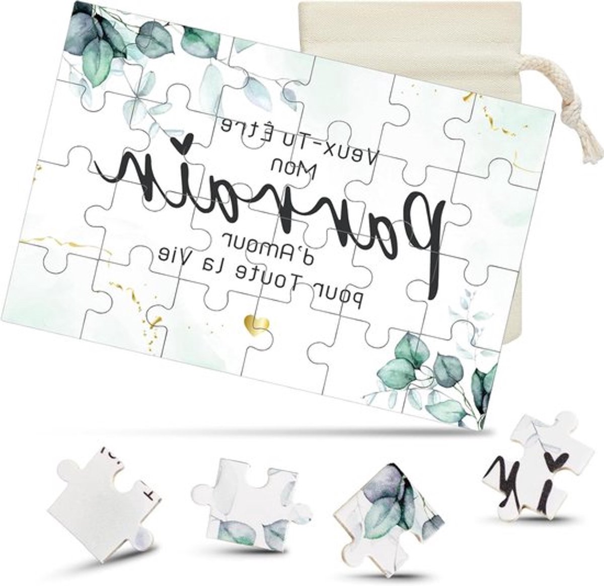 Houten peettante aankondiging puzzelcadeauset voor doop met canvas trekkoordzak