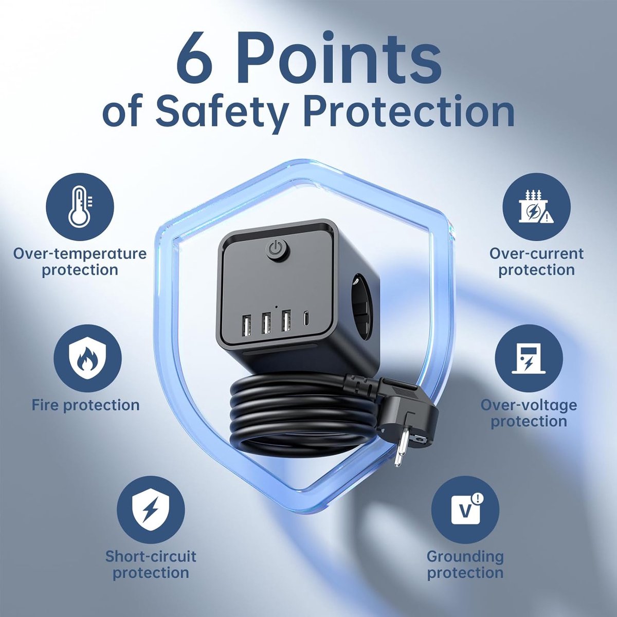 SnelShoppen - Stekkerdoos met USB, 7-in-1 Meervoudig Stopcontact met 4 USB, Schakelbare Stekkerdoos met Save Energy-schakelaar, 2m Verlengkabel voor T