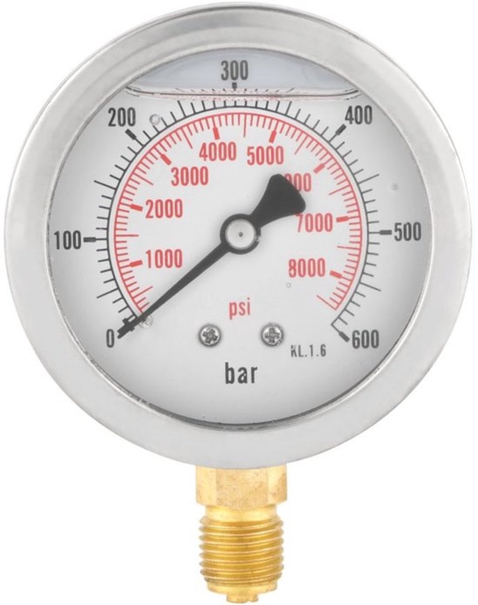 Manometer 63mm - Drukmeter 0-600Bar/0-8500Psi - G1/4" Aansluiting - Schokbestendig - Corrosiebestendig - Duidelijke Aflezing