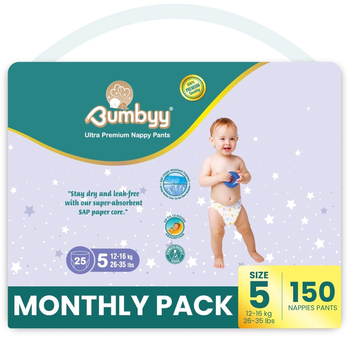 SnelShoppen - Babyluiers Maat 5 Bumbyy 12-16 kg - Ultraromantisch en Absorberend - 150 Luiers voor Comfortabele en Gevoelige Huid - Tot 12 Uur Lekvrij
