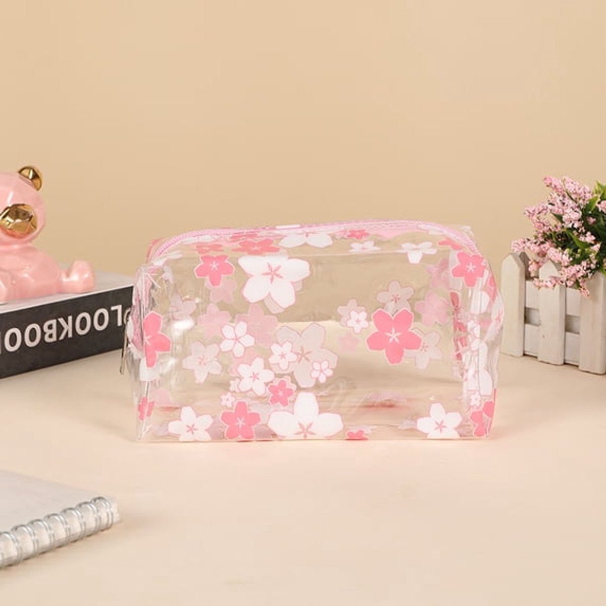 LISM-Transparant etui met handvat en ritssluiting, transparant etui voor potloden/markers, reistasje voor make-up, schattige transparante organizer voor schrijfwaren - roze