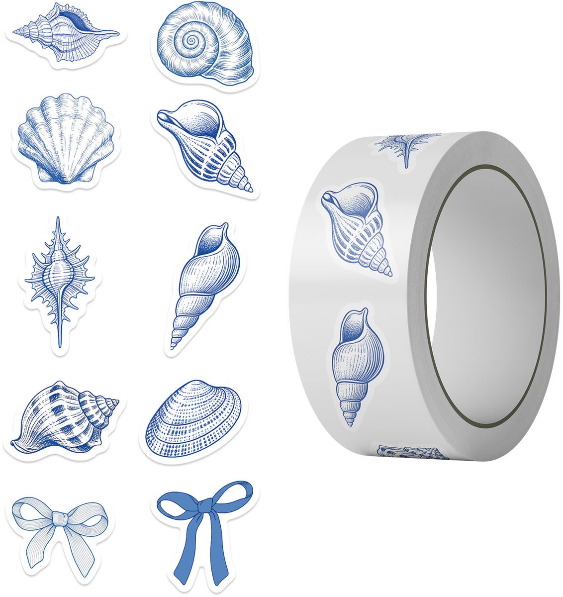 1 rol schelp-strikstickers - 500 stickers - 10 patronen - Zelfklevend - Geschikt voor waterflessen, laptops, notitieboekjes, koffers, snowboards, gitaren, agenda's en mobiele telefoons - Ook leuk als feestcadeautjes - Blauw