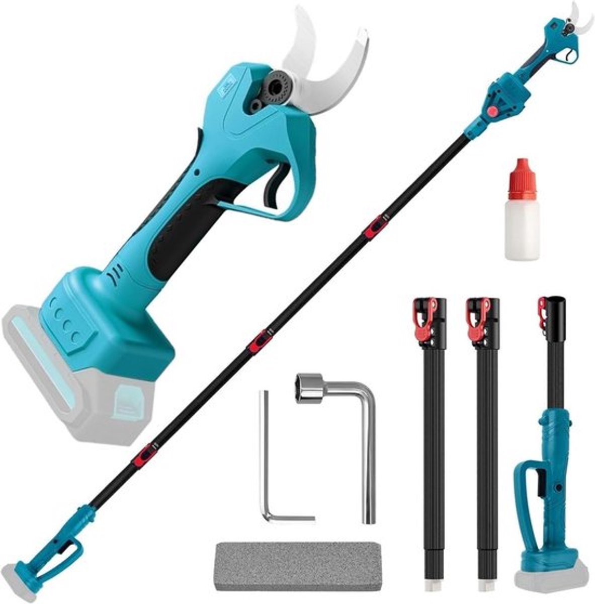 Elektrische snoeischaar 40 mm, 2-in-1 telescopische snoeischaar, accu snoeihulp, tot 2.2 m bereik, snoeigereedschap zonder batterij, ideaal voor tuinonderhoud