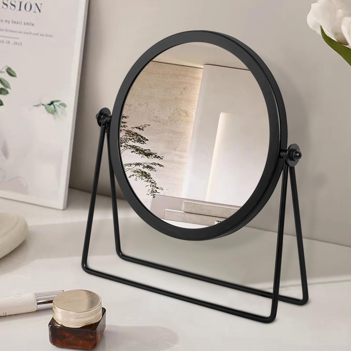 SnelShoppen - Bureauspiegel met Metalen Frame - Ronde Tafelspiegel - 360° Rotatie - Kleine Make-up Spiegel met Staanders - Zwart - Ideaal voor Kantoor