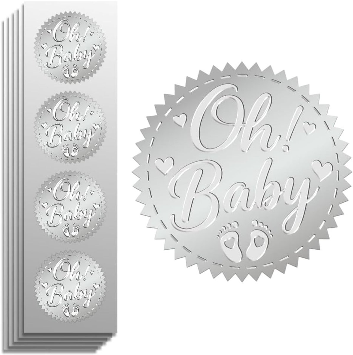 Silver Foil Sticker Seal Embossed Oh Baby 2 Inch - 100 Stuks voor Cadeau Decoratie, Envelopseals en Feestuitnodigingen