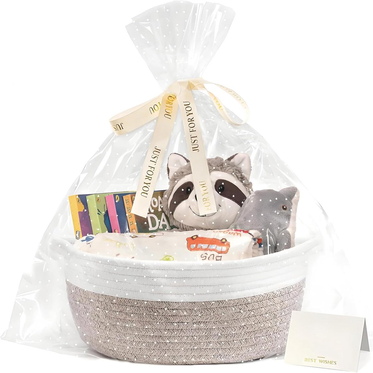 SnelShoppen - Lege geschenkmand van katoenen touwweverij, gevlochten opbergmand met handvat voor babyshower, verjaardag, bruiloft, inclusief cadeauzak