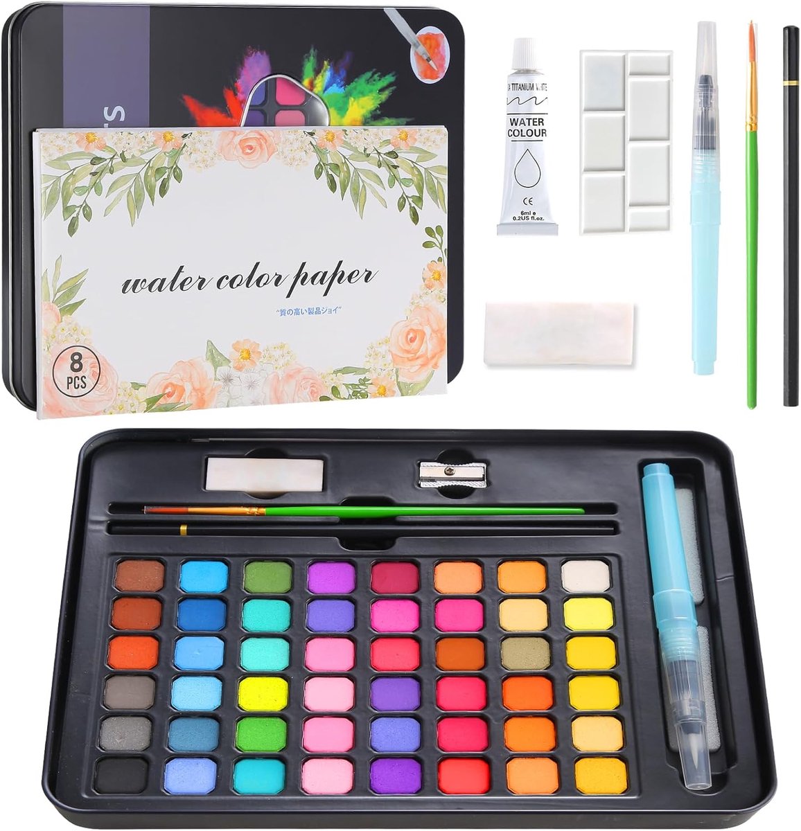 SnelShoppen - Aquarelverfset 48 Kleuren met Penseel, Watertankkwast, Palet, Tekenstift, Aquarelpapier, Spons, Gum en Schilderdoos voor Kinderen en Kun