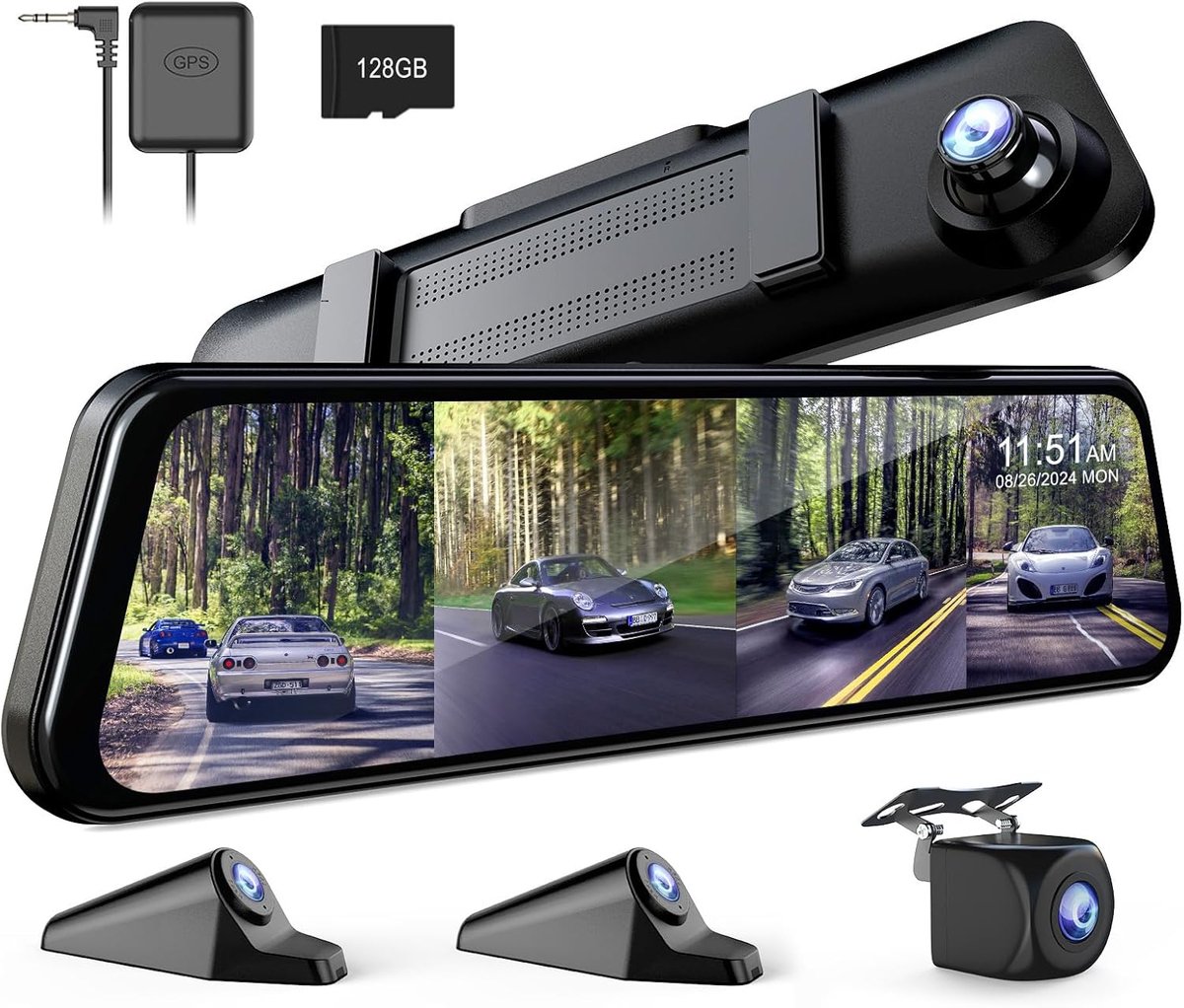 SnelShoppen - 360° 4-kanaals spiegel dashcam met losse camera's voor auto, 12 inch touchscreen, 4×FHD 1080P, nachtzicht, GPS, parkeerbewaking, 128GB g