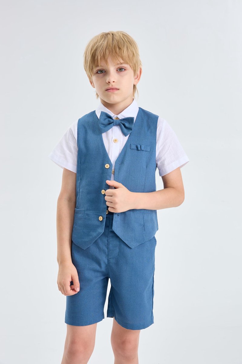 SnelShoppen - 4 Stuks Pagen Jongens Kort Pak Kinderen Linnen Pak Blauw 7-8 Jaar - Feestelijke Zomer Bruiloft Doop Ceremonie Outfit, Verjaardag Feestkl