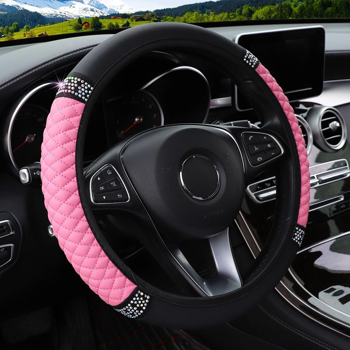 SnelShoppen - Stuurhoes Universele Maat 37 - 38 cm, Antislip Stuurhoes met Kleurrijke Glinsterende Kristallen Strassteentjes, Auto-Elastische Stuurbes