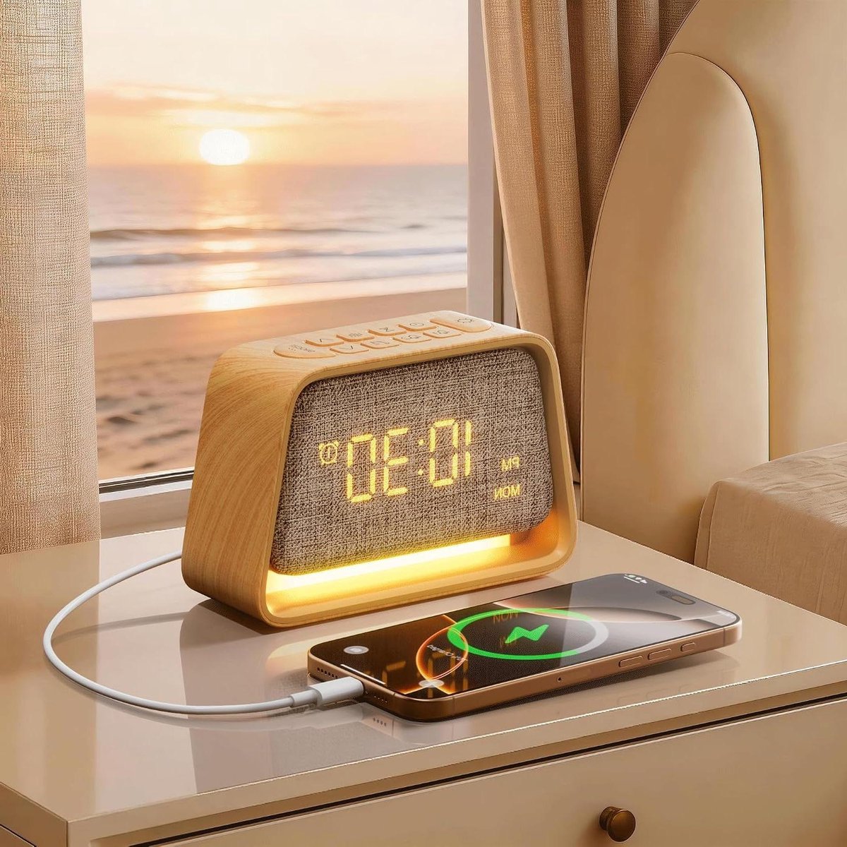 Wekker met Licht - Nachtlamp Klok - Rustig Slapen - 20 Slaapgeluiden - S - Houtnerf
