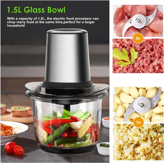 Elektrische Hakmolen - Keukenmachine Universal - Snel Ingrediënten Snijden - 4 Roestvrij Staal Messen - 1.5L Glazen Kom - Multicolor — afbeelding 3