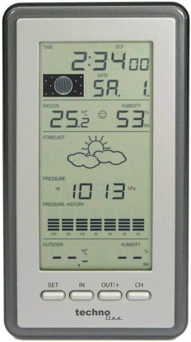 SnelShoppen - Technoline WS 9040-IT Weerstation met Temperatuurweergave, Weersvoorspelling, Weertrends, Buitensender TX106-TH, Zilver, 21,6 x 11,4 x 7